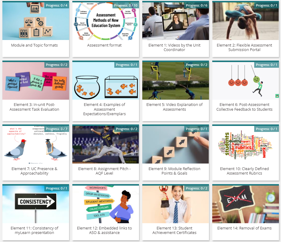 Graphic tiles representing the 14 'basic elements' recommended in the Commencing Student Success Project, as found in the student learning platform for unit coordinators to access. 